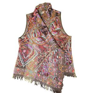 Anu Artsy Cardigan XL Fringe Boho Earthy Granola Indie Embroidered Sleeveless